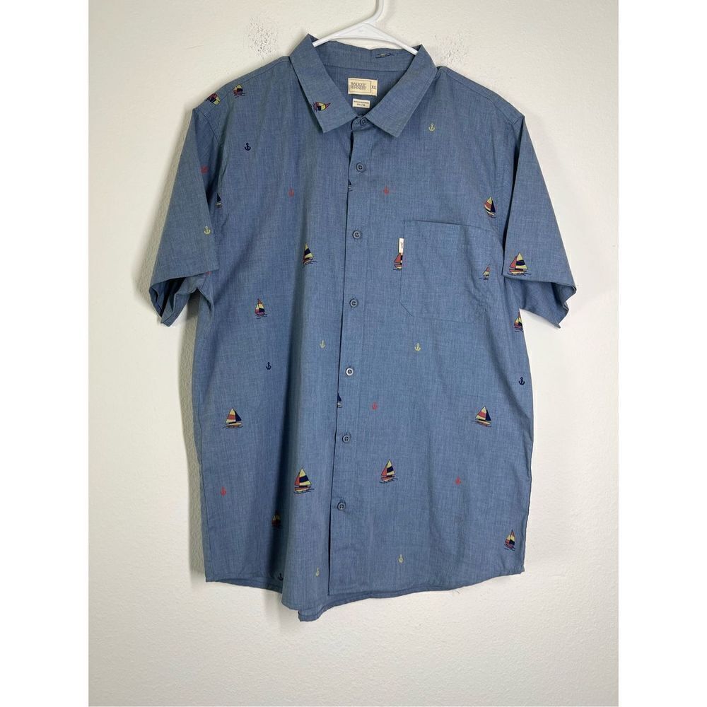 Walker Refinery Mens Button Down Shirt Size XL Sailboat Print Blue Short Sleeve